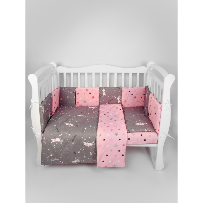 Комплект в кроватку 15 предметов (3+12 подушек-бортиков) AmaroBaby Princess, серый/розовый - Фото 1