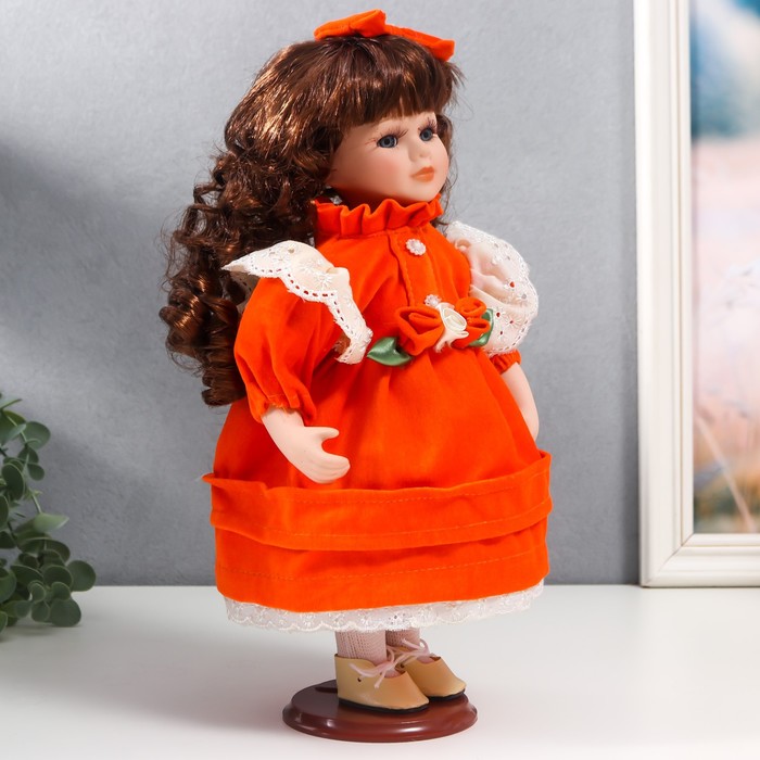 Кукла коллекционная керамика "Агата в ярко-оранжевом платье и банте, с рюшами" 30 см - фото 1901617077