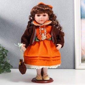 Кукла коллекционная керамика 'Василиса в ярко-оранжевом платье, с рюшами, с сумочкой' 30 см   758616