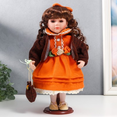 Кукла коллекционная керамика "Василиса в ярко-оранжевом платье, с рюшами, с сумочкой" 30 см