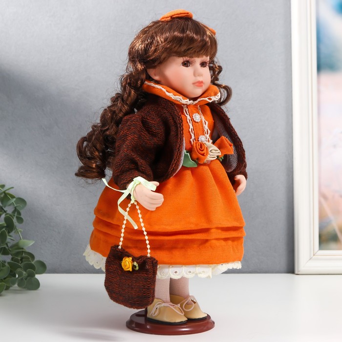 Кукла коллекционная керамика "Василиса в ярко-оранжевом платье, с рюшами, с сумочкой" 30 см - фото 1901617083