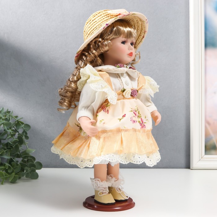 Кукла коллекционная керамика "Алиса в жёлтом платье с цветами, в соломенной шляпке" 30 см - фото 1901617089