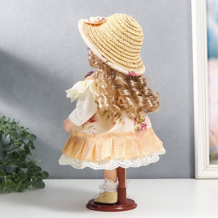 Кукла коллекционная керамика "Алиса в жёлтом платье с цветами, в соломенной шляпке" 30 см - фото 1901617092