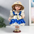 Кукла коллекционная керамика "Алиса в синем платье с цветами, в соломенной шляпке" 30 см - фото 669570