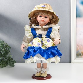Кукла коллекционная керамика 'Алиса в синем платье с цветами, в соломенной шляпке' 30 см