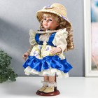 Кукла коллекционная керамика "Алиса в синем платье с цветами, в соломенной шляпке" 30 см - фото 6620190