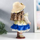 Кукла коллекционная керамика "Алиса в синем платье с цветами, в соломенной шляпке" 30 см - фото 3875238