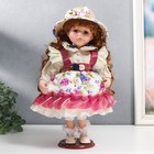 Кукла коллекционная керамика "Женечка в платье с цветами, в соломенной шляпке" 30 см - фото 4788481