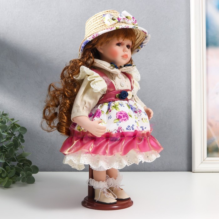 Кукла коллекционная керамика "Женечка в платье с цветами, в соломенной шляпке" 30 см - фото 1901617101