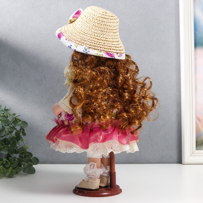 Кукла коллекционная керамика "Женечка в платье с цветами, в соломенной шляпке" 30 см - фото 1901617103