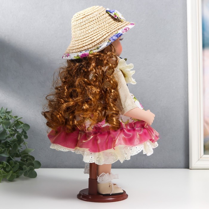 Кукла коллекционная керамика "Женечка в платье с цветами, в соломенной шляпке" 30 см - фото 1901617104
