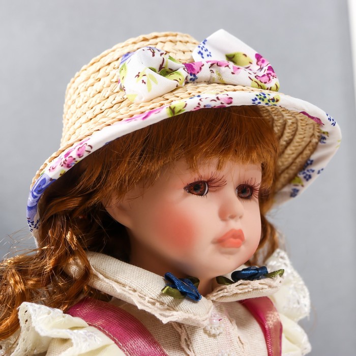 Кукла коллекционная керамика "Женечка в платье с цветами, в соломенной шляпке" 30 см - фото 1901617105