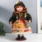 Кукла коллекционная керамика "Алёна в платье с цветами, в зелёной шапке и джемпере" 30 см - фото 3839078
