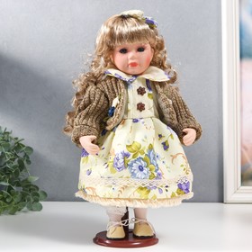 Кукла коллекционная керамика 'Танечка в платье с цветами, в бежевом джемпере' 30 см