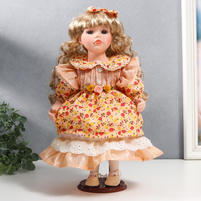 Кукла коллекционная керамика &quot;Тося в кремовом платье с цветочками, с бантом в волосах&quot; 30 см   75861