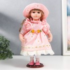 Кукла коллекционная керамика "Маша в розовом платье в клетку с ромашками, в шляпке" 30 см - фото 3874568