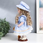 Кукла коллекционная керамика "Маша в голубом платье в клетку с ромашками, в шляпке" 30 см - фото 6620236
