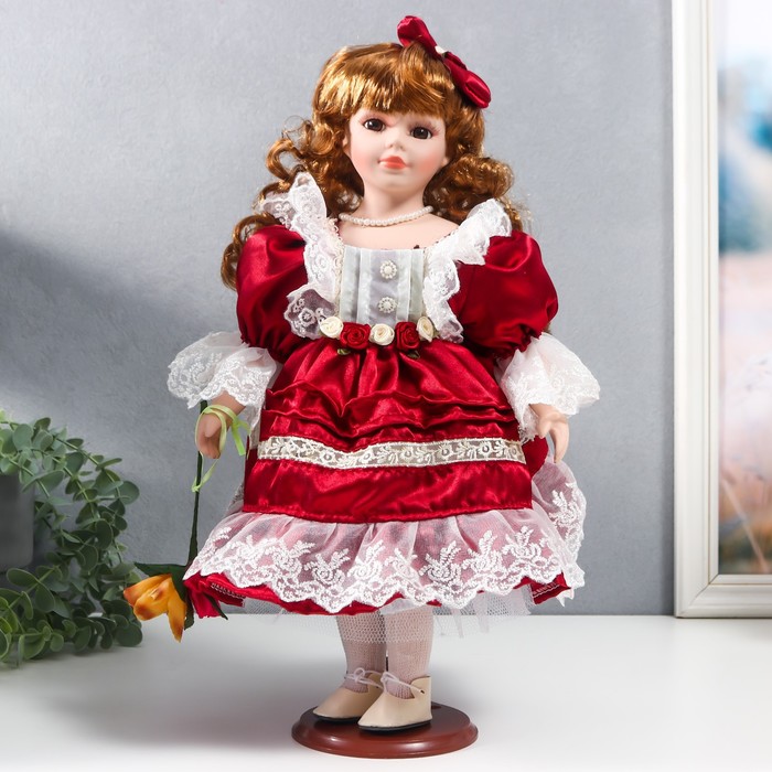 Кукла коллекционная керамика "Наташа в бордовом платье с рюшами, с бантом в волосах" 40 см - Фото 1