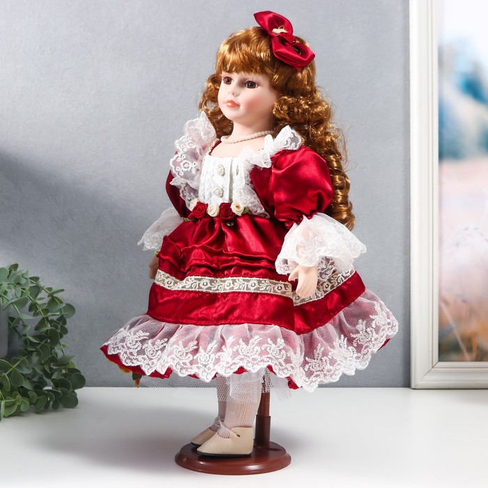 Кукла коллекционная керамика "Наташа в бордовом платье с рюшами, с бантом в волосах" 40 см - фото 1897195452