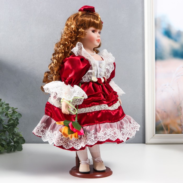 Кукла коллекционная керамика "Наташа в бордовом платье с рюшами, с бантом в волосах" 40 см - фото 1897195453