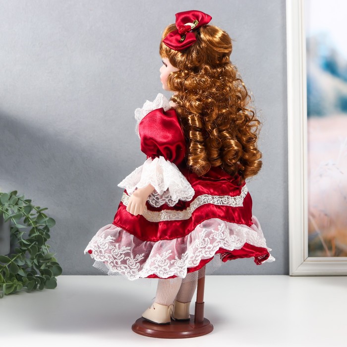 Кукла коллекционная керамика "Наташа в бордовом платье с рюшами, с бантом в волосах" 40 см - фото 1897195455