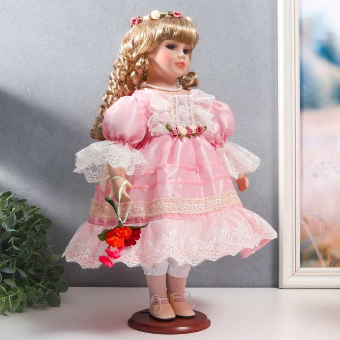 Кукла коллекционная керамика "Нина в нежно-розовом платье, в цветочном венке" 40 см 54672