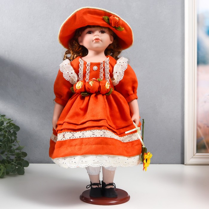 Кукла коллекционная керамика "Вера в ярко-оранжевом платье и шляпе с розами" 40 см - Фото 1