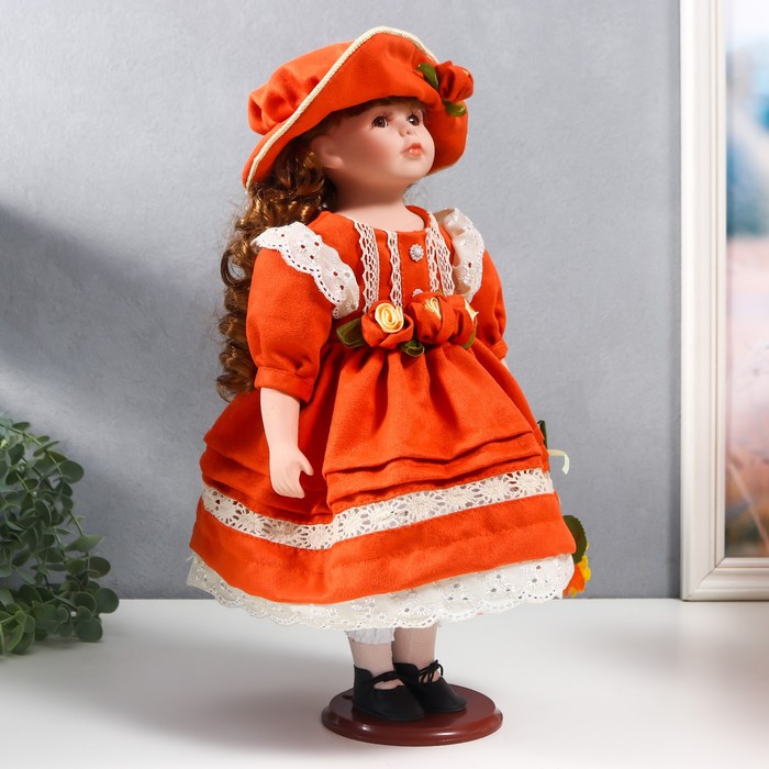 Кукла коллекционная керамика "Вера в ярко-оранжевом платье и шляпе с розами" 40 см - фото 1897195458