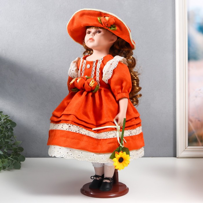 Кукла коллекционная керамика "Вера в ярко-оранжевом платье и шляпе с розами" 40 см - фото 1897195459