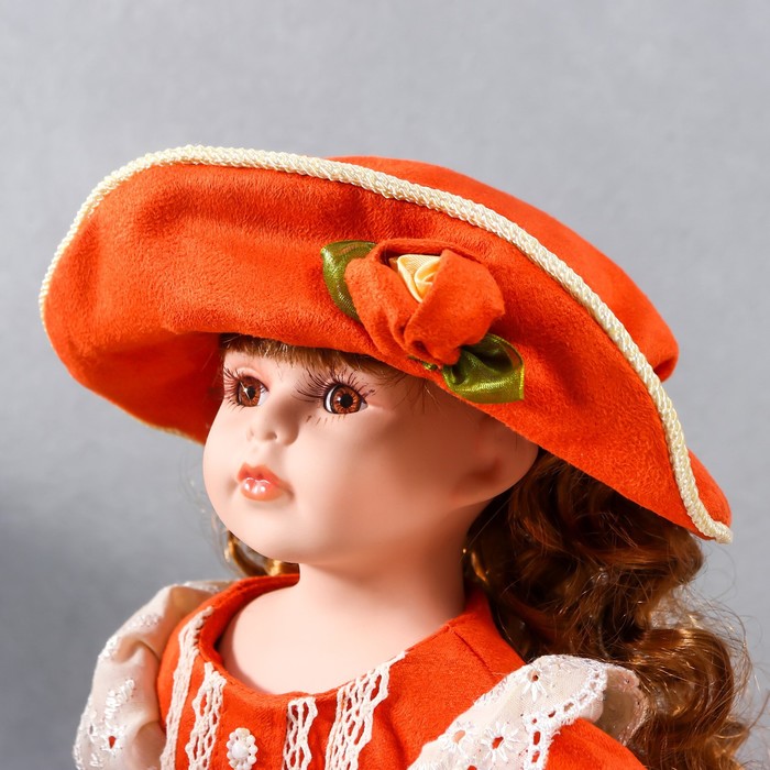 Кукла коллекционная керамика "Вера в ярко-оранжевом платье и шляпе с розами" 40 см - фото 1897195460