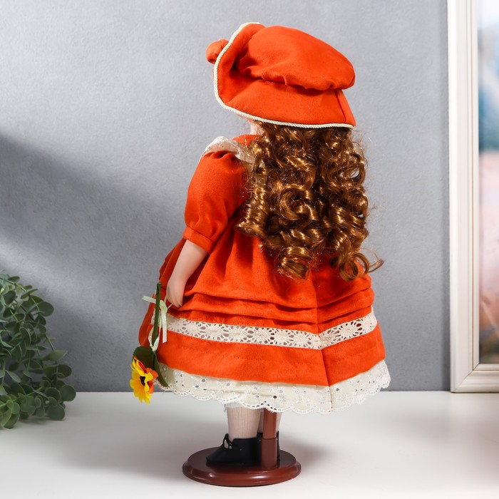 Кукла коллекционная керамика "Вера в ярко-оранжевом платье и шляпе с розами" 40 см - фото 1897195461