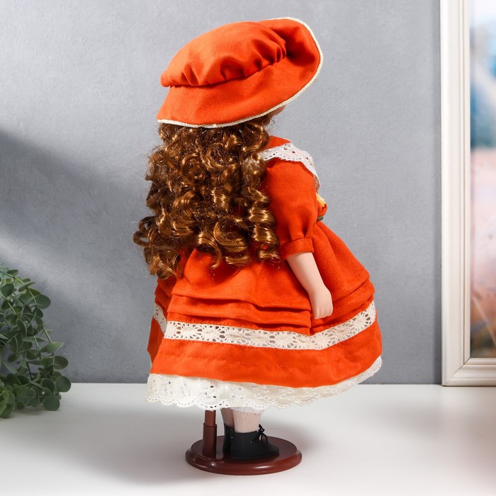 Кукла коллекционная керамика "Вера в ярко-оранжевом платье и шляпе с розами" 40 см - фото 1897195462