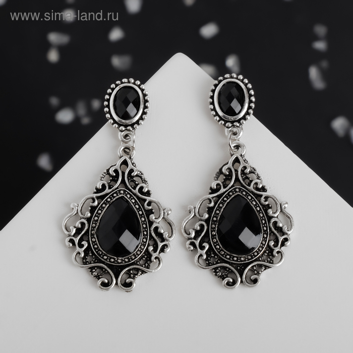 Серьги со стразами «Изящность», ажурная, чёрные в чернёном серебре - Фото 1