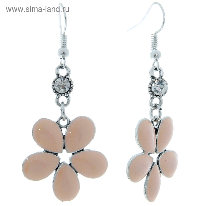 Серьги с эмалью «Цветок» пятилистник, цвет бежевый в серебре - Фото 1