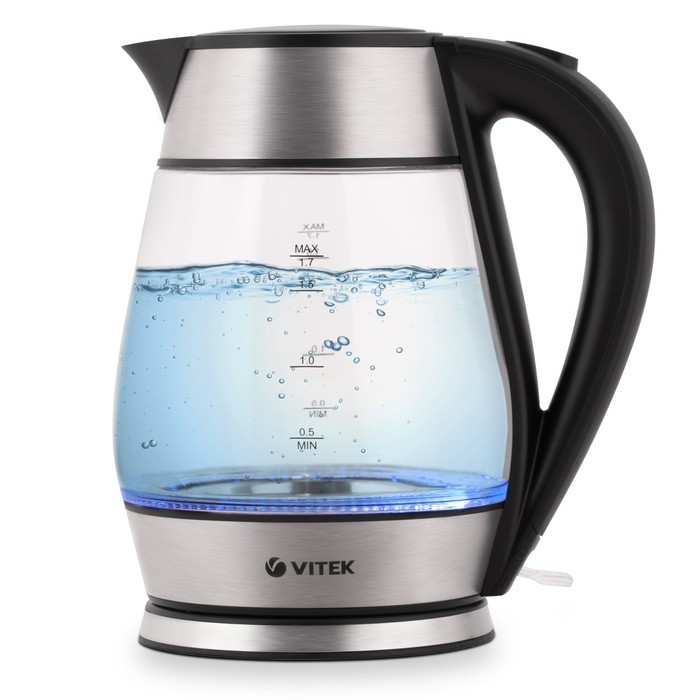 Чайник электрический Vitek VT-7037, стекло, 1.7 л, 2200 Вт, чёрно-серебристый - Фото 1