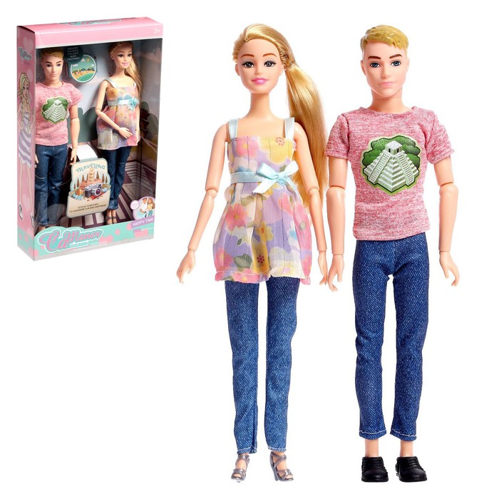 Набор кукол шарнирных «Семья в путешествии», розовая футболка - Фото 1