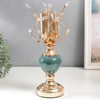Подсвечник металл на 1 свечу "Веточки с кристаллами. Сине-зелёный шар" золото 34х17х17 см 7651966