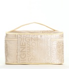 Косметичка - сундучок на молнии, на подкладке, с ручкой, зеркалом, с буквами, бежевая, серая - Фото 3