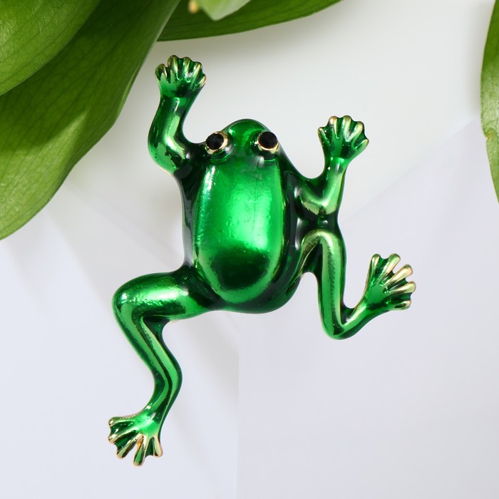 Брошь «Лягушка» скачущая, цвет зелёный в золоте - Фото 1