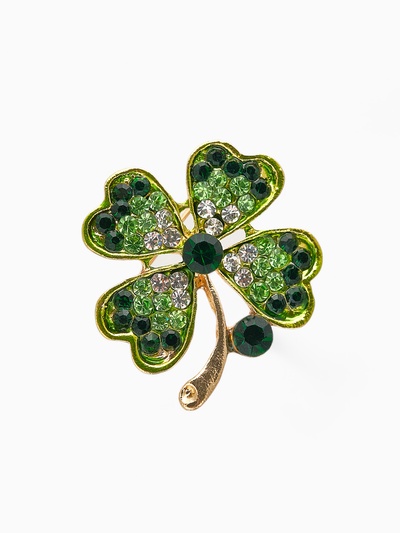 Брошь «Клевер» четырёхлистный со стразой, бело-зелёная в золоте