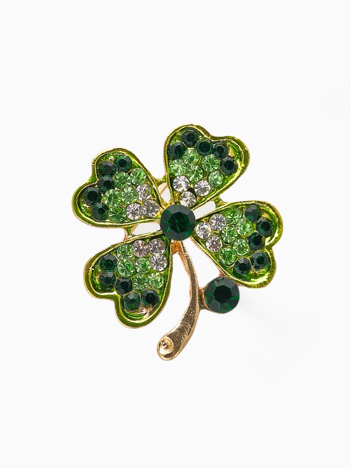 Брошь «Клевер» четырёхлистный со стразой, бело-зелёная в золоте - Фото 1