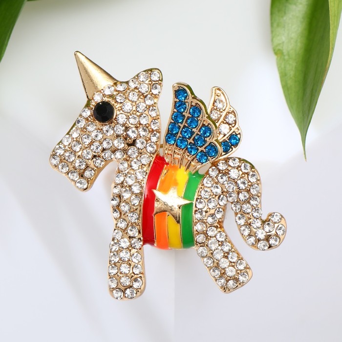 Брошь «Единорог» с радугой, цветная в золоте - Фото 1