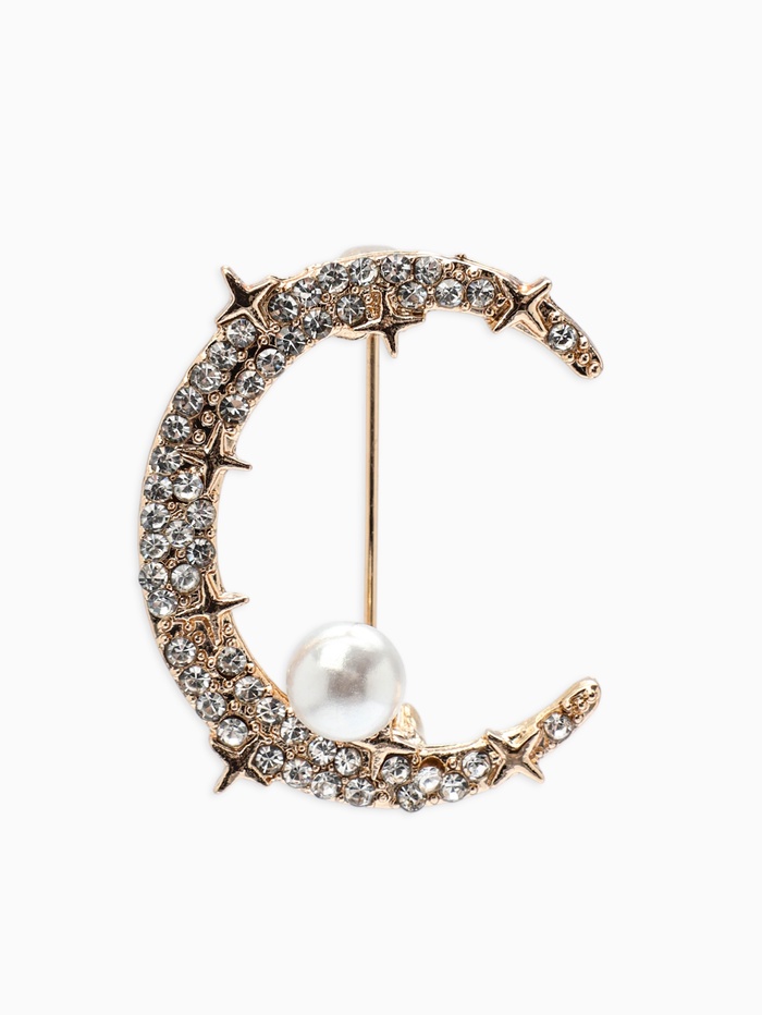 Брошь «Полумесяц» со звёздами, белая в золоте - Фото 1