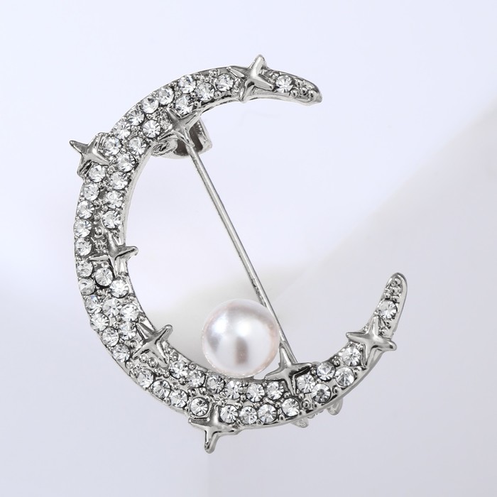 Брошь «Полумесяц» со звёздами, цвет белый в серебре - Фото 1