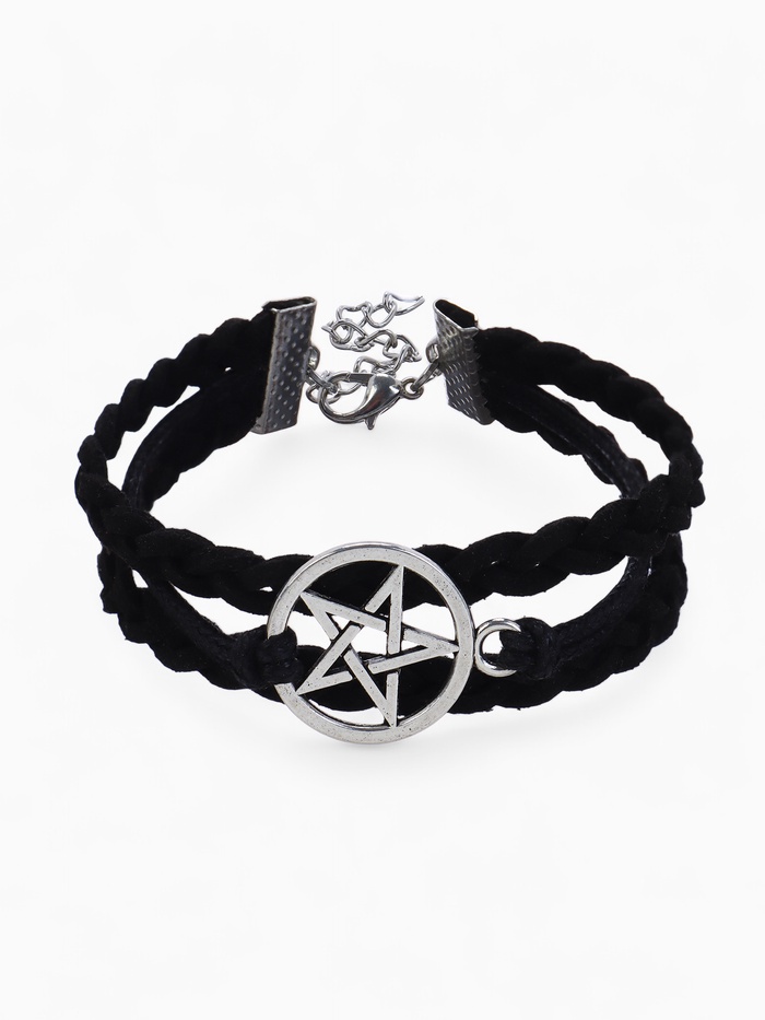 Браслет кожа «Пентаграмма» защита, цвет чёрный в серебре, L=17 см - Фото 1