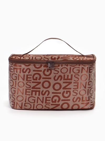 Косметичка-сундучок на молнии, на подкладке, с ручкой, зеркалом, с буквами, коричневая