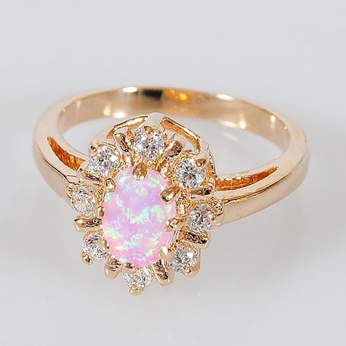Кольцо с розовым опалом "Лучи", позолота с родированием, размер 16 - Фото 1