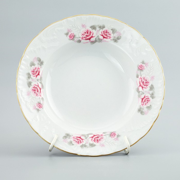 Тарелка глубокая 22.5 см,  Rococo, декор «Бледные розы, отводка золото» - Фото 1