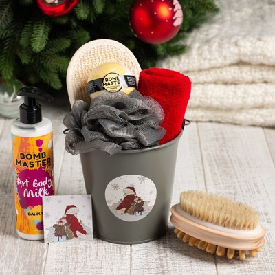 Новогодний подарочный набор «Этель» Santa, 7 предметов, полотенце 30×60 см, мочалка, щётка - массажёр