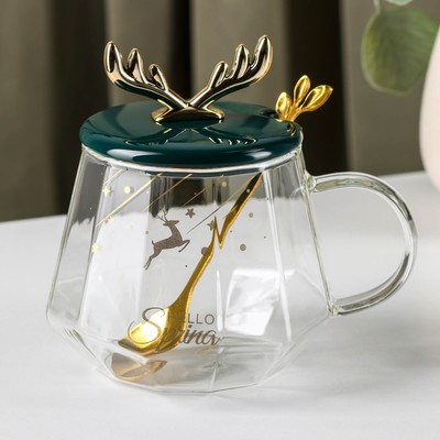 Кружка «Бэмби», 350 мл, с керамической крышкой и ложкой, стекло